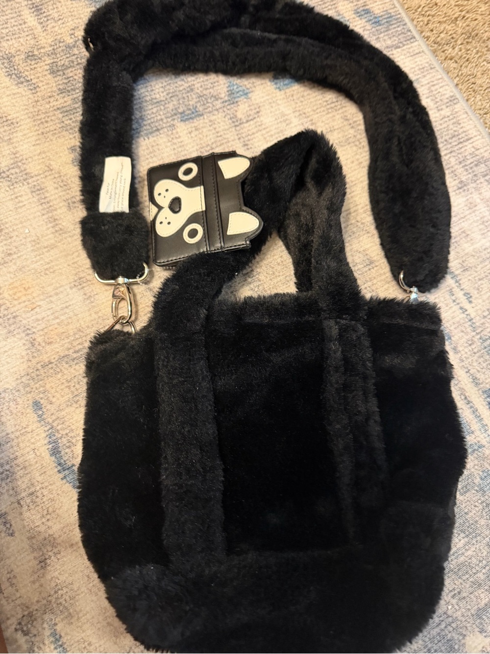 Plush Black Faux Fur Shoulder Tote with Dog Card Holder